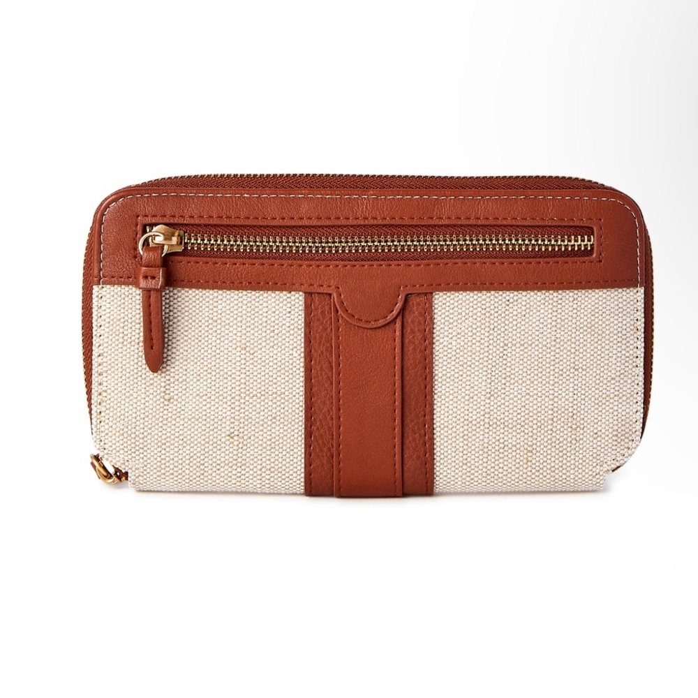 Time and Tru Women’s Freda Large Zip Around Wallet, brown/cream